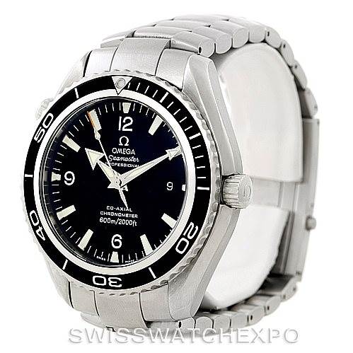 The image shows the Omega Planet Ocean 2200.50.00 Men
s Stainless Steel Black Dial 2200.50.00 Men
s Stainless Steel Black Dial watch at a 3/4 angle, highlighting the dial, bezel, crown, and bracelet.