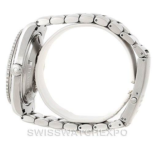 The image shows a side view of an Omega Planet Ocean 2200.50.00 Men
s Stainless Steel Black Dial 2200.50.00 Men
s Stainless Steel Black Dial watch, highlighting its bezel, crown, and metal bracelet.