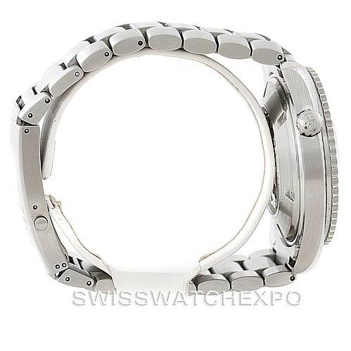 The image shows a side view of the Omega Planet Ocean 2200.50.00 Men
s Stainless Steel Black Dial 2200.50.00 Men
s Stainless Steel Black Dial watch, highlighting its case, crown, and bracelet.