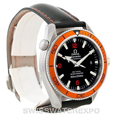 The image shows an Omega Planet Ocean 2909.50.82 Men
s Stainless Steel Black Dial 2909.50.82 Men
s Stainless Steel Black Dial watch at a three-quarter angle, highlighting the bezel, dial, and leather strap.