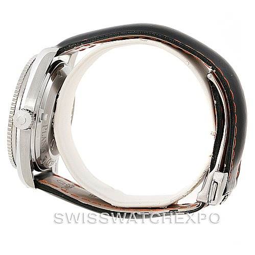 The image shows a side view of the Omega Planet Ocean 2909.50.82 Men
s Stainless Steel Black Dial 2909.50.82 Men
s Stainless Steel Black Dial watch, highlighting the case, bezel, and strap with visible stitching.