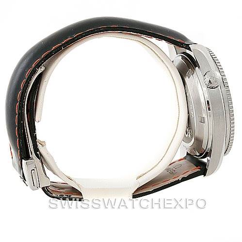 The image shows a side view of the Omega Planet Ocean 2909.50.82 Men
s Stainless Steel Black Dial 2909.50.82 Men
s Stainless Steel Black Dial watch, highlighting the crown, bezel, and partially folded leather strap.