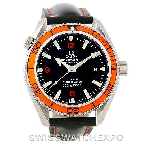 The Omega Planet Ocean 2909.50.82 Men
s Stainless Steel Black Dial 2909.50.82 Men
s Stainless Steel Black Dial model watch is shown from a front angle, displaying the dial, bezel, hands, and crown.