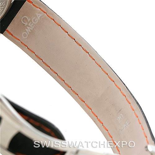 This image shows the inner side of the leather strap of the Omega Planet Ocean 2909.50.82 Men
s Stainless Steel Black Dial 2909.50.82 Men
s Stainless Steel Black Dial watch, featuring the Omega logo and orange stitching.