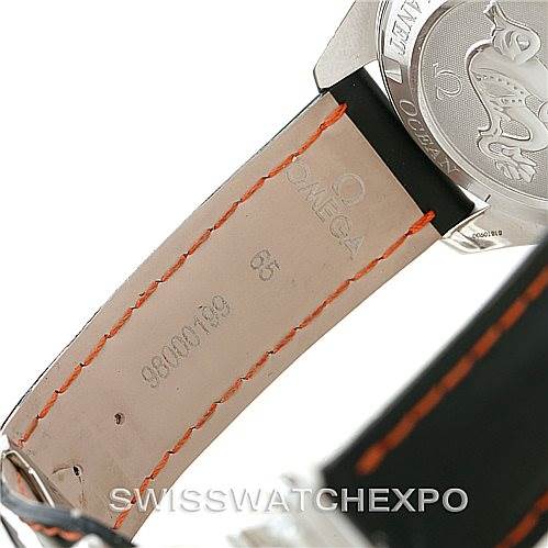 The image shows the back of an Omega Planet Ocean 2909.50.82 Men
s Stainless Steel Black Dial 2909.50.82 Men
s Stainless Steel Black Dial watch, focusing on the strap and part of the case back.