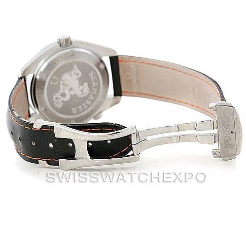 The image shows the back and clasp of the Omega Planet Ocean 2909.50.82 Men
s Stainless Steel Black Dial 2909.50.82 Men
s Stainless Steel Black Dial watch, highlighting the strap and case back with the Seamonster engraving.