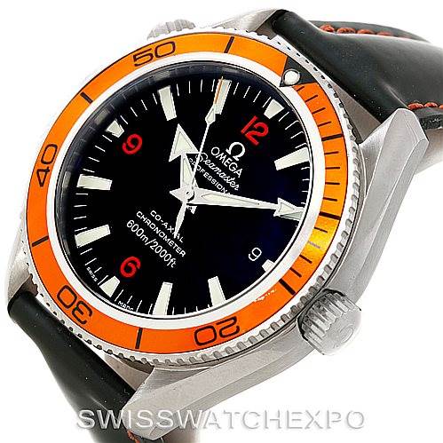 This Omega Planet Ocean 2909.50.82 Men
s Stainless Steel Black Dial 2909.50.82 Men
s Stainless Steel Black Dial watch is shown at a right angle, displaying the face, bezel, and part of the strap.