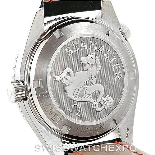 The image shows the back case of an Omega Planet Ocean 2909.50.82 Men
s Stainless Steel Black Dial 2909.50.82 Men
s Stainless Steel Black Dial watch, featuring the engraved Seamaster logo.