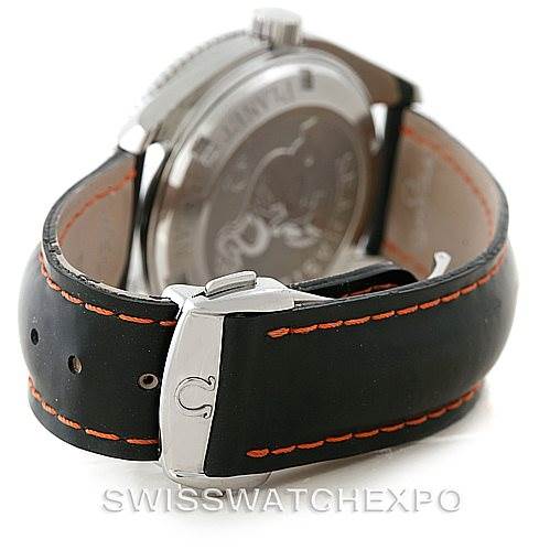 This image shows the back and strap with clasp of an Omega Planet Ocean 2909.50.82 Men
s Stainless Steel Black Dial 2909.50.82 Men
s Stainless Steel Black Dial watch, highlighting the engraved case back and stitching on the band.