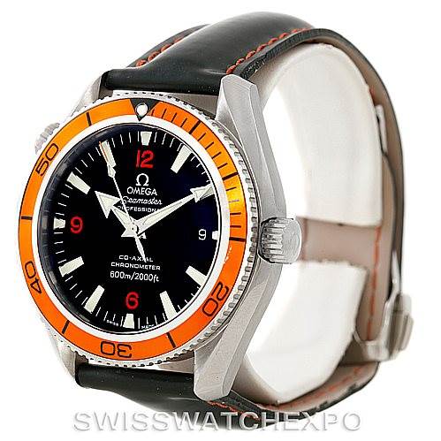 This image shows an Omega Planet Ocean 2909.50.82 Men
s Stainless Steel Black Dial 2909.50.82 Men
s Stainless Steel Black Dial watch at a slight angle, highlighting its face, bezel, and part of the strap.