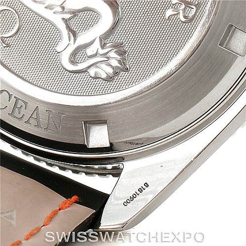 This image shows a close-up of the case back and part of the strap attachment of the Omega Planet Ocean 2909.50.82 Men
s Stainless Steel Black Dial 2909.50.82 Men
s Stainless Steel Black Dial watch.