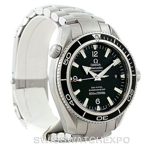 The Omega Planet Ocean 2201.50.00 Men
s Stainless Steel Black Dial 2201.50.00 Men
s Stainless Steel Black Dial watch is shown at a three-quarter angle, highlighting the face, bezel, crown, and part of the bracelet.