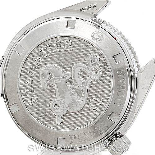 This image shows the case back and crown of the Omega Planet Ocean 2201.50.00 Men
s Stainless Steel Black Dial 2201.50.00 Men
s Stainless Steel Black Dial watch.