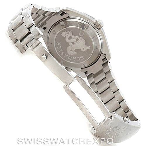 The image shows the backside and bracelet of the Omega Planet Ocean 2201.50.00 Men
s Stainless Steel Black Dial 2201.50.00 Men
s Stainless Steel Black Dial watch, highlighting the clasp and engraved back cover.