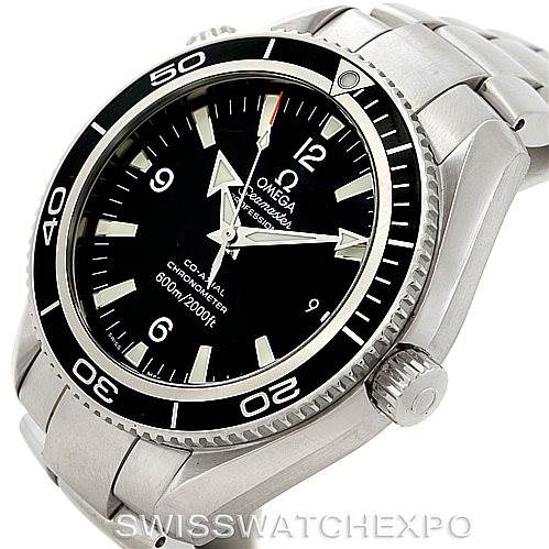 This image shows an Omega Planet Ocean 2201.50.00 Men
s Stainless Steel Black Dial 2201.50.00 Men
s Stainless Steel Black Dial watch at an angled view, displaying the face, bezel, crown, and part of the bracelet.