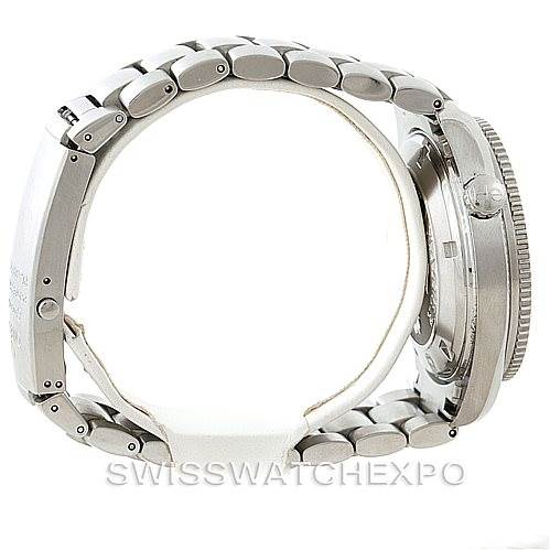 The image shows a side profile view of the Omega Planet Ocean 2201.50.00 Men
s Stainless Steel Black Dial 2201.50.00 Men
s Stainless Steel Black Dial watch, highlighting its bracelet, case, and crown.