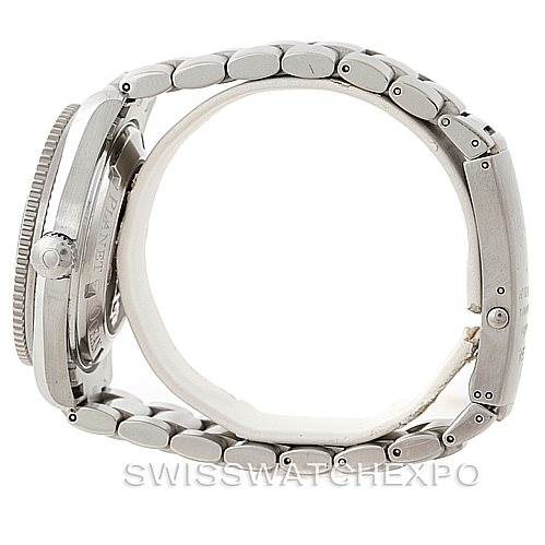 The image shows a side view of the Omega Planet Ocean 2201.50.00 Men
s Stainless Steel Black Dial 2201.50.00 Men
s Stainless Steel Black Dial watch, highlighting the case, crown, and bracelet.