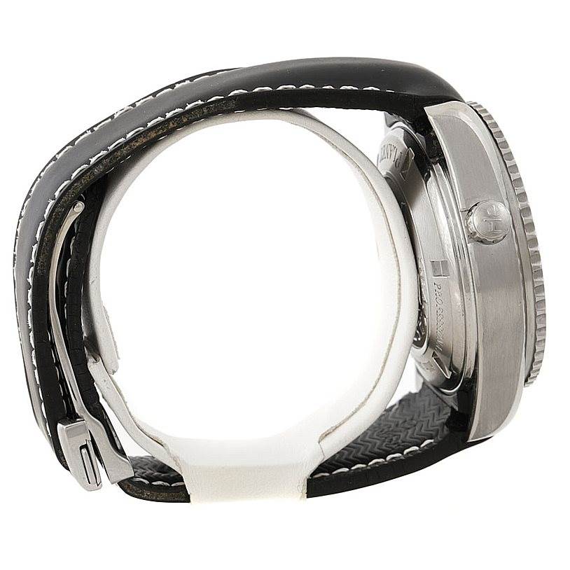 The image shows a side view of an Omega Planet Ocean 2910.50.81 Men
s Stainless Steel Black Dial 2910.50.81 Men
s Stainless Steel Black Dial watch, highlighting its case, bezel, crown, and wrist strap.