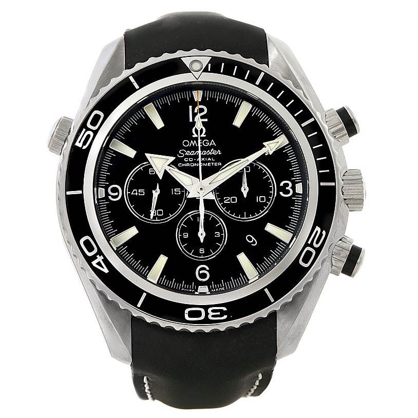 The Omega Planet Ocean 2910.50.81 Men
s Stainless Steel Black Dial 2910.50.81 Men
s Stainless Steel Black Dial watch is shown from the front, displaying its face, bezel, and three subdials with a black strap.