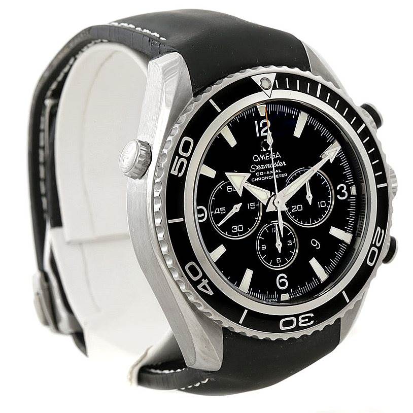 The Omega Planet Ocean 2910.50.81 Men
s Stainless Steel Black Dial 2910.50.81 Men
s Stainless Steel Black Dial watch is shown at a slightly angled side view, displaying the dial, bezel, crown, and chronograph pushers.