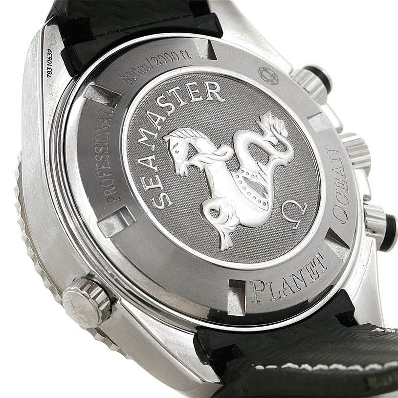 The image shows the back case of the Omega Planet Ocean 2910.50.81 Men
s Stainless Steel Black Dial 2910.50.81 Men
s Stainless Steel Black Dial Seamaster watch, highlighting the engraved logo and details.