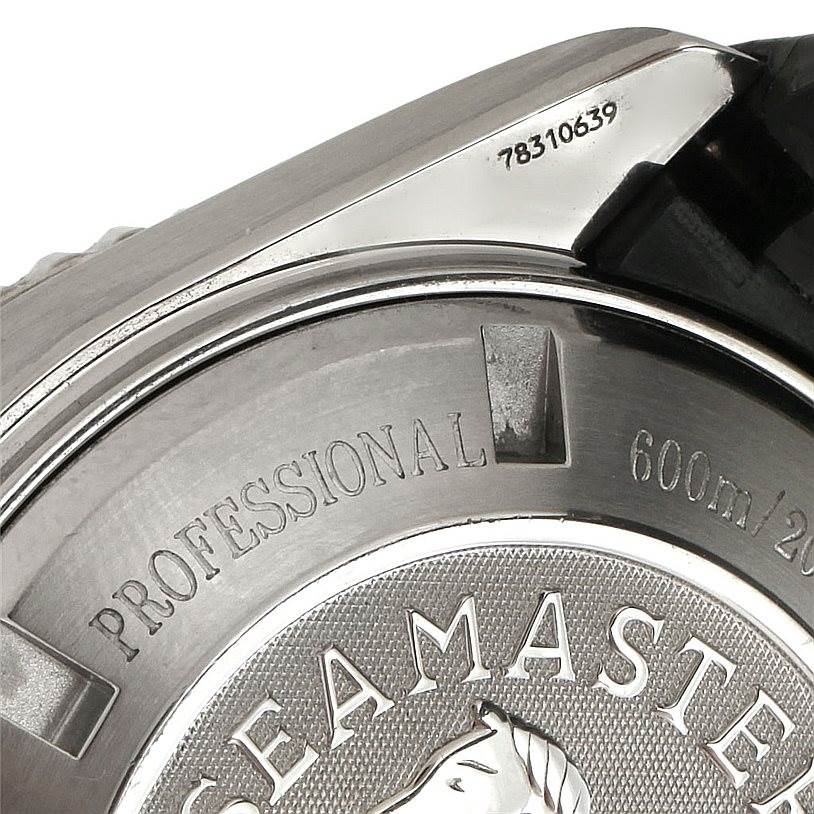 The image shows a close-up of the case back and serial number of the Omega Planet Ocean 2910.50.81 Men
s Stainless Steel Black Dial 2910.50.81 Men
s Stainless Steel Black Dial watch.