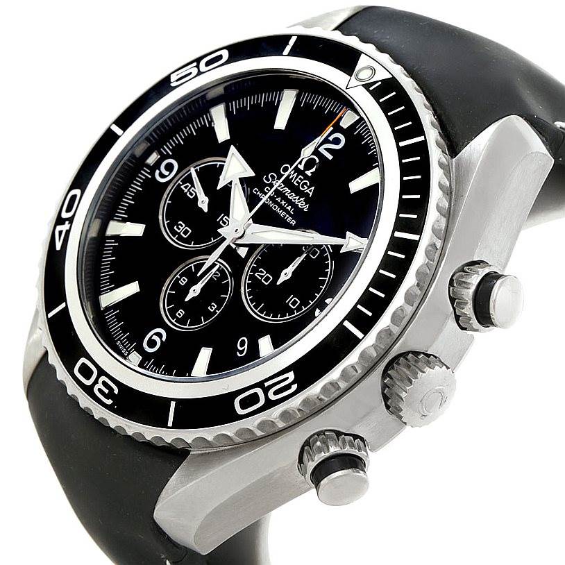 The image shows a close-up side view of the Omega Planet Ocean 2910.50.81 Men
s Stainless Steel Black Dial 2910.50.81 Men
s Stainless Steel Black Dial watch, highlighting the bezel, dial, and crown.