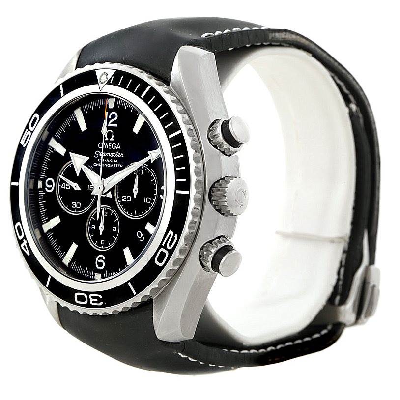 This image shows a side angle of the Omega Planet Ocean 2910.50.81 Men
s Stainless Steel Black Dial 2910.50.81 Men
s Stainless Steel Black Dial watch, displaying the crown, pushers, and part of the black strap.