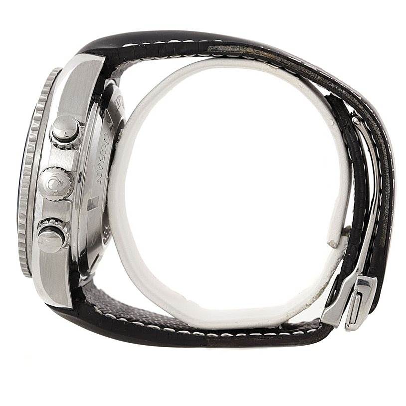 This side view shows the case, crown, and chronograph pushers of the Omega Planet Ocean 2910.50.81 Men
s Stainless Steel Black Dial 2910.50.81 Men
s Stainless Steel Black Dial watch, along with the strap and buckle.