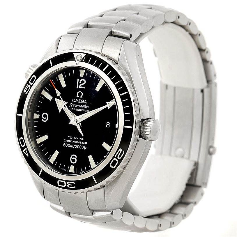 The Omega Planet Ocean 2200.50.00 Men
s Stainless Steel Black Dial 2200.50.00 Men
s Stainless Steel Black Dial watch is shown at a three-quarter angle, highlighting its face, bezel, crown, and metal bracelet.