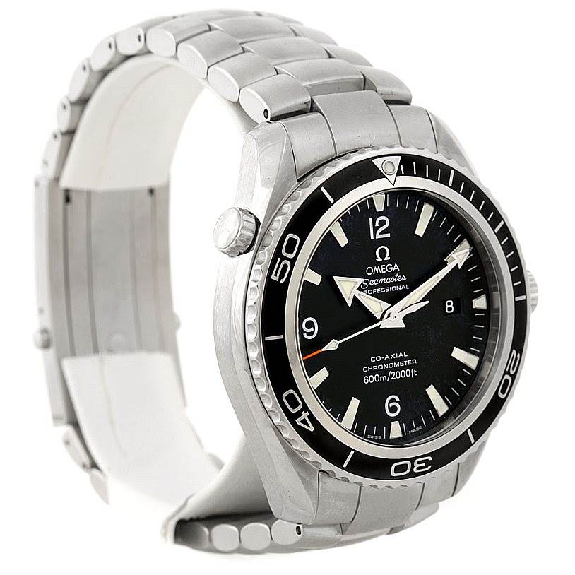The Omega Planet Ocean 2200.50.00 Men
s Stainless Steel Black Dial 2200.50.00 Men
s Stainless Steel Black Dial watch is shown from a front-side angle, displaying its dial, bezel, and stainless steel bracelet.