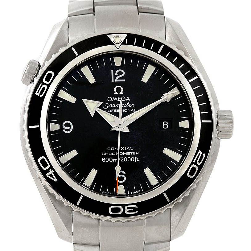 The image shows a front view of the Omega Planet Ocean 2200.50.00 Men
s Stainless Steel Black Dial 2200.50.00 Men
s Stainless Steel Black Dial model watch, displaying its face, bezel, and band sections.