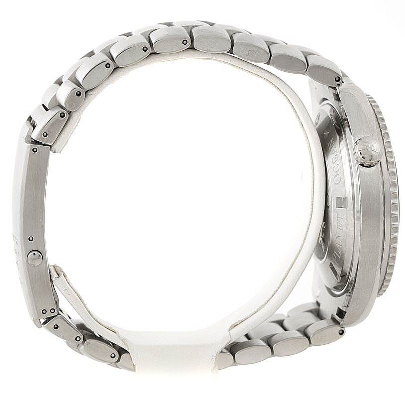 The image shows a side view of the Omega Planet Ocean 2200.50.00 Men
s Stainless Steel Black Dial 2200.50.00 Men
s Stainless Steel Black Dial watch, featuring its metal bracelet and crown.