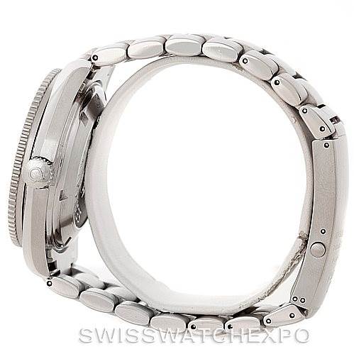 The image shows the side profile of the Omega Planet Ocean 2201.50.00 Men
s Stainless Steel Black Dial 2201.50.00 Men
s Stainless Steel Black Dial watch focusing on its bracelet and case.