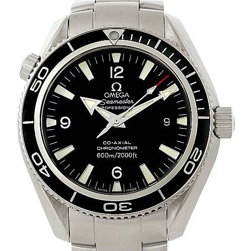 This image shows a front view of the Planet Ocean model watch by Omega, displaying the dial, bezel, and bracelet.