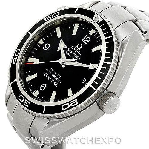 This is an angled view of an Omega Planet Ocean 2201.50.00 Men
s Stainless Steel Black Dial 2201.50.00 Men
s Stainless Steel Black Dial watch, showing the bezel, crown, dial, and bracelet.