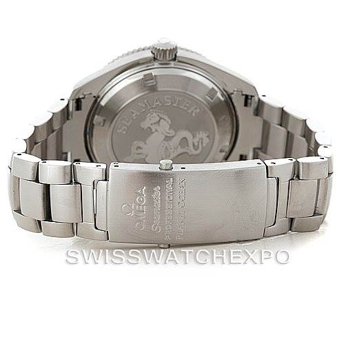 The image shows the back of the Omega Planet Ocean 2201.50.00 Men
s Stainless Steel Black Dial 2201.50.00 Men
s Stainless Steel Black Dial watch, highlighting the clasp and caseback.