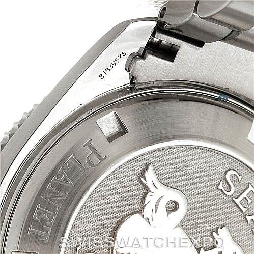 The image shows a close-up of the case back and part of the bracelet of the Omega Planet Ocean 2201.50.00 Men
s Stainless Steel Black Dial 2201.50.00 Men
s Stainless Steel Black Dial watch.