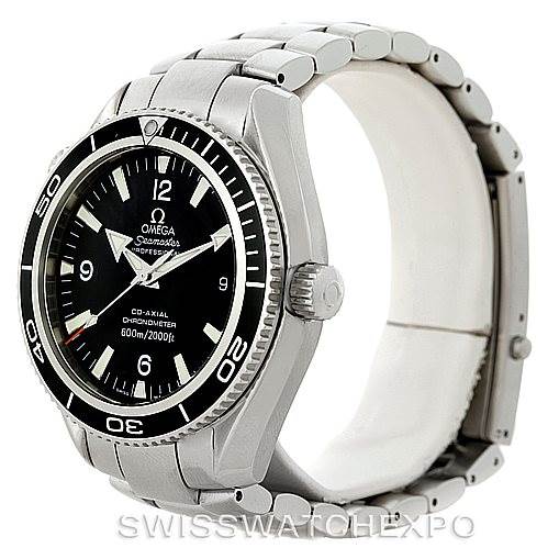 The image shows an Omega Planet Ocean 2201.50.00 Men
s Stainless Steel Black Dial 2201.50.00 Men
s Stainless Steel Black Dial watch from a side angle, highlighting the bracelet, crown, and black dial.