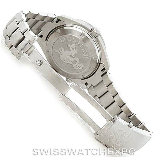 The image shows the back case and bracelet of the Omega Planet Ocean 2201.50.00 Men
s Stainless Steel Black Dial 2201.50.00 Men
s Stainless Steel Black Dial watch from a semi-side angle.