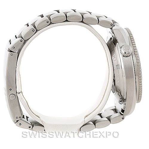 The image shows a side view of the Omega Planet Ocean 2201.50.00 Men
s Stainless Steel Black Dial 2201.50.00 Men
s Stainless Steel Black Dial watch, highlighting the bracelet, case, crown, and bezel.