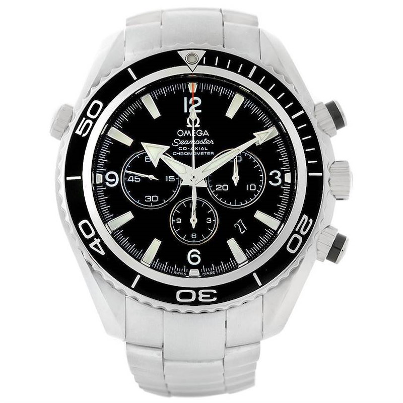 The image shows a front view of the Omega Planet Ocean watch, displaying the face, bezel, and part of the bracelet.