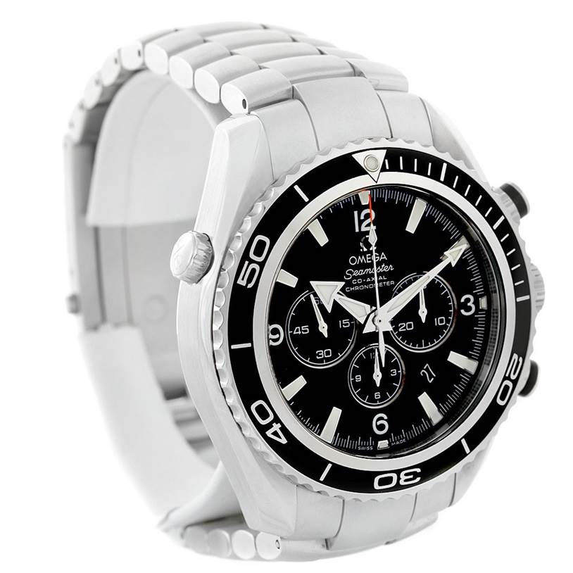 The image shows the Omega Planet Ocean 2210.50.00 Men
s Stainless Steel Black Dial 2210.50.00 Men
s Stainless Steel Black Dial watch at a side angle, highlighting the crown, bezel, bracelet, and dial.