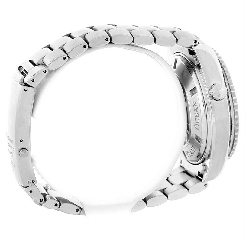 The image shows a side view of an Omega Planet Ocean 2210.50.00 Men
s Stainless Steel Black Dial 2210.50.00 Men
s Stainless Steel Black Dial watch, highlighting its metal bracelet and case back.