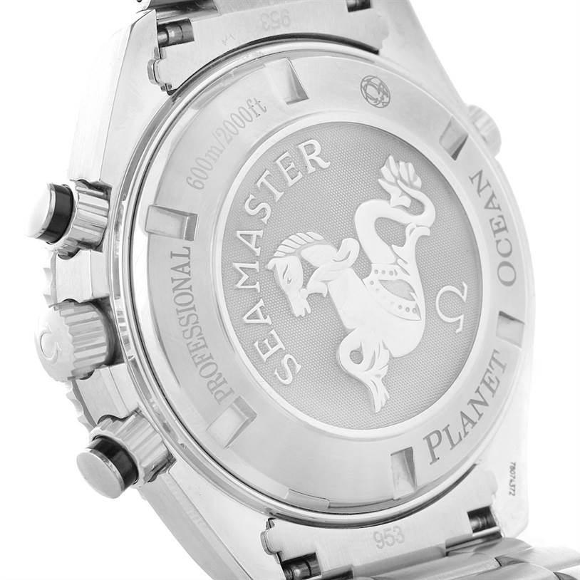 This image shows the case back and side view of the Omega Planet Ocean 2210.50.00 Men
s Stainless Steel Black Dial 2210.50.00 Men
s Stainless Steel Black Dial Seamaster watch, highlighting the engravings and stainless steel bracelet.