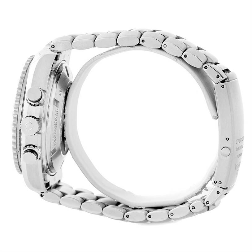 The image shows a side view of the Omega Planet Ocean 2210.50.00 Men
s Stainless Steel Black Dial 2210.50.00 Men
s Stainless Steel Black Dial watch, displaying its crown, pushers, and metal bracelet.