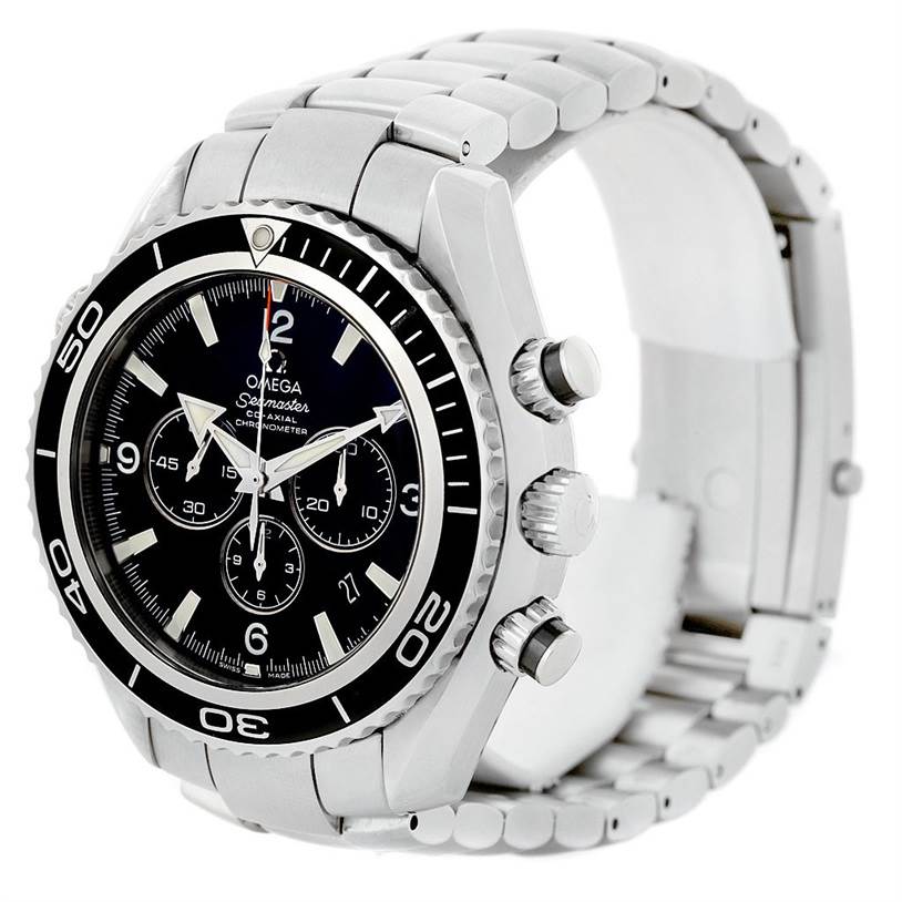 The image shows an Omega Planet Ocean 2210.50.00 Men
s Stainless Steel Black Dial 2210.50.00 Men
s Stainless Steel Black Dial watch at a three-quarter angle, displaying the bezel, dial, crown, and bracelet.