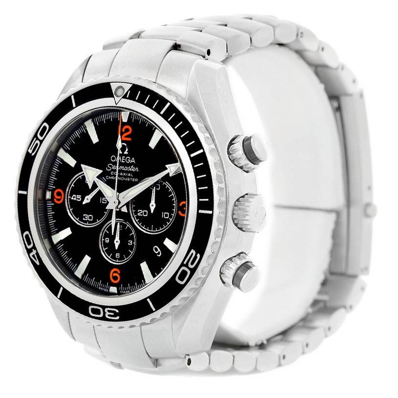 The image shows a side and front view of the Omega Planet Ocean 2210.51.00 Men's Stainless Steel Black Dial 2210.51.00 Men's Stainless Steel Black Dial model watch, highlighting its bezel, crown, and chronograph buttons.