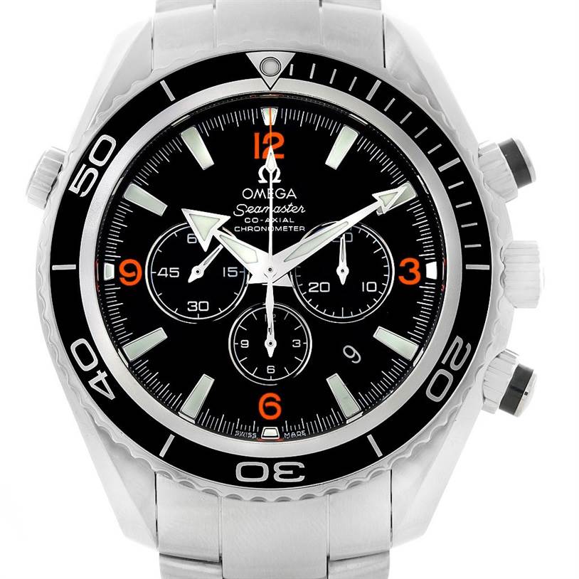 The image shows a front view of the Omega Planet Ocean 2210.51.00 Men's Stainless Steel Black Dial 2210.51.00 Men's Stainless Steel Black Dial Seamaster watch, displaying its dial, bezel, and metal bracelet.
