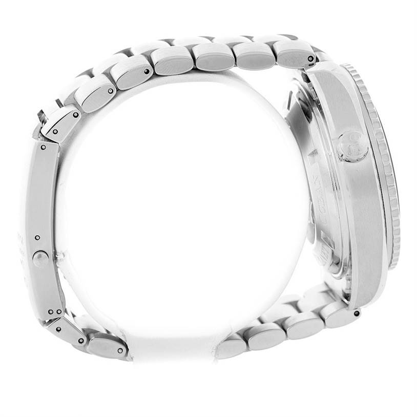 The image shows a side view of the Omega Planet Ocean 2210.51.00 Men's Stainless Steel Black Dial 2210.51.00 Men's Stainless Steel Black Dial watch, focusing on the links of the bracelet and the side of the case.